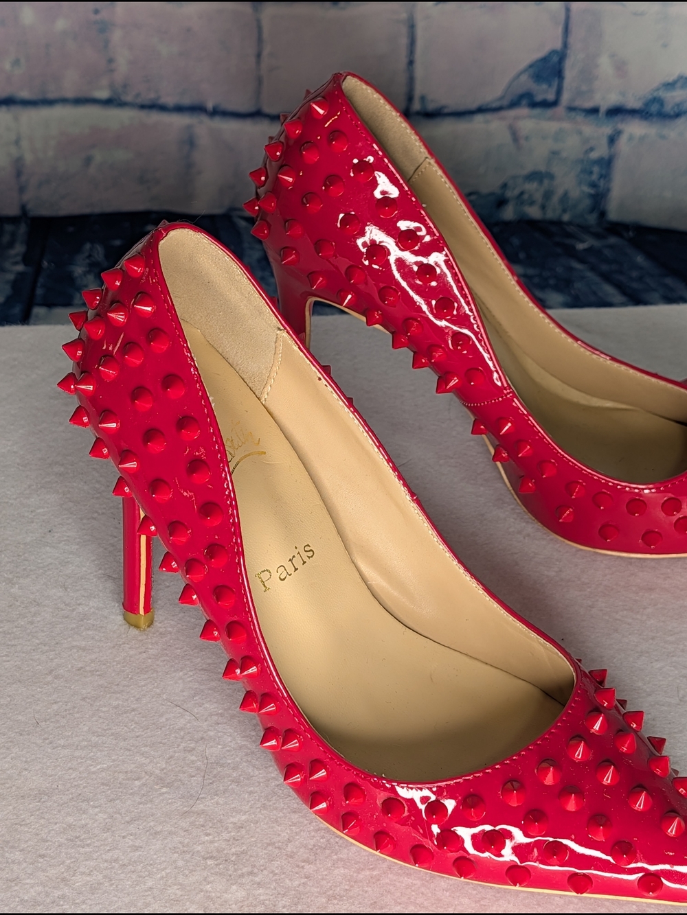 Red Studded Patent Stiletto Pumps - Women's High Heels - Picture 4 of 9